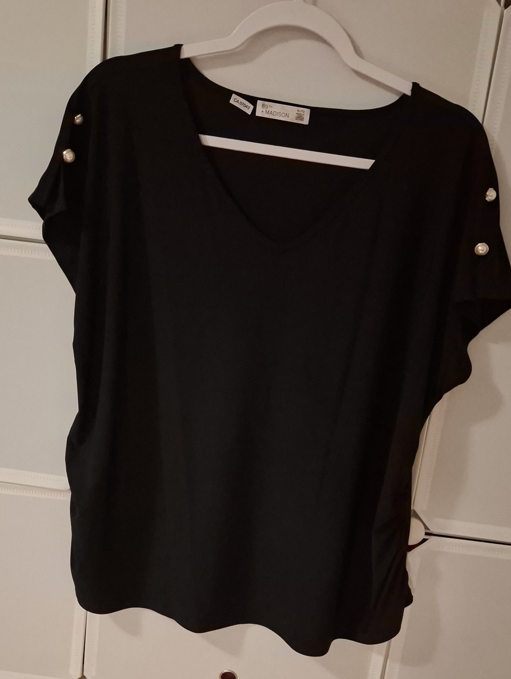 Madison Black Short Sleeve V-Neck Top with Pearl Button Accents